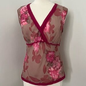 Monsoon Top Blouse Women's 10/12 L Sheer Floral Empire Waist Baby Doll Y2K Silk